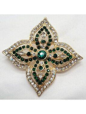 Vtg Art Deco Floral Brooch Green Clear Rhinestone Gold Tone Pin Jewelry